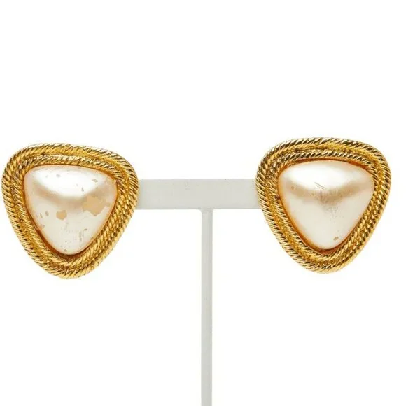 Chanel Vintage Triangle Earrings Gold White Plated Faux Pearl